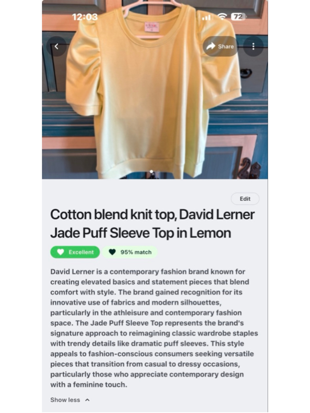 Women's David Lerner M Lime Green Cotton Blend Puff Sleeve Top - Picture 5 of 6